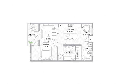 Floor plan for 1 bed, 1 bath, 916 sqft